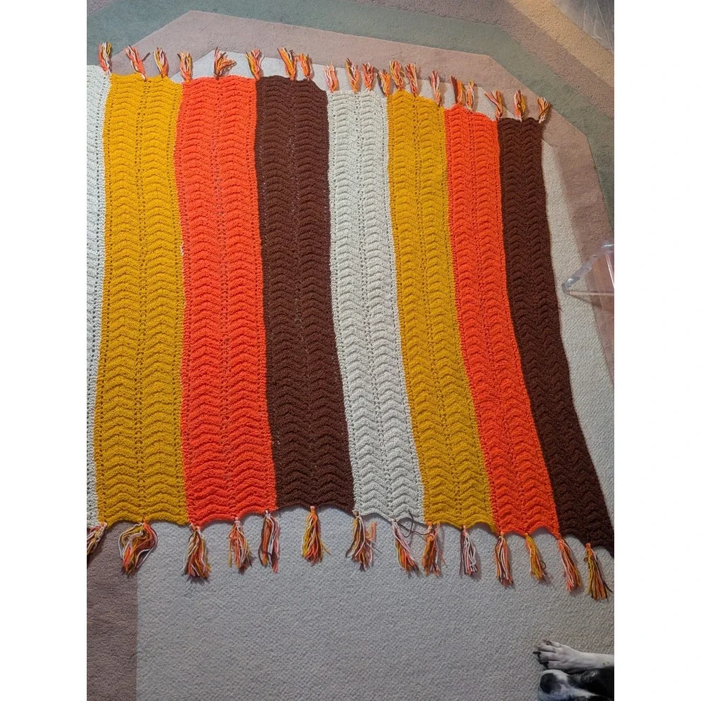 Crochet Afghan Yellow Orange Brown Harvest Autumn Blanket Handmade 54X59 Vintage